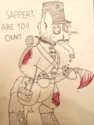 Size: 768x1024 | Tagged: safe, artist:cap_watching, imported from derpibooru, earth pony, pony, undead, zombie, zombie pony, 18th century, axe, blood, british, crucifix, guts and blackpowder, hat, napoleonic, pencil drawing, shako, traditional art, weapon