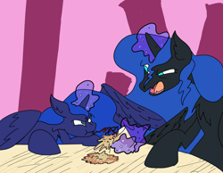 Size: 3708x2880 | Tagged: safe, artist:ponny, imported from derpibooru, nightmare moon, princess luna, alicorn, pony, angry, colored, drink, floppy ears, magic, sipping, spilled drink, straw, telekinesis