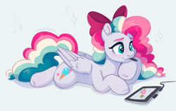 Size: 1866x1185 | Tagged: safe, artist:skysorbett, imported from derpibooru, oc, oc only, oc:sky sorbet, pegasus, pony, bow, curly hair, drawing, eyebrows, female, graphics tablet, hair bow, lying down, mare, mouth hold, multicolored hair, pegasus oc, pen, simple background, solo, tablet, wings