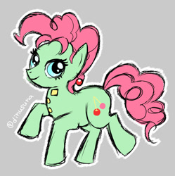 Size: 600x602 | Tagged: safe, artist:ぢぬすな子, imported from derpibooru, earth pony, pony, blue eyes, button, cherry, curls, curly hair, curly mane, cutie mark, ear piercing, earring, eyelashes, food, gray background, green skin, jewelry, jojo's bizarre adventure, looking at you, noriaki kakyoin, not pinkie pie, piercing, pink hair, pink mane, pixiv, ponified, simple background, walking