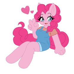 Size: 1000x1000 | Tagged: safe, alternate version, artist:shunpiee, imported from derpibooru, pinkie pie, anthro, earth pony, unguligrade anthro, clothes, female, heart, outline, overalls, peace sign, simple background, solo, transparent background, white outline