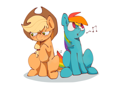 Size: 3464x2598 | Tagged: safe, artist:pipicangshuya32397, imported from derpibooru, applejack, rainbow dash, earth pony, pegasus, pony, appledash, blonde mane, blue coat, female, lesbian, mare, multicolored hair, orange coat, rainbow hair, raised hoof, shipping, simple background, sitting, whistle, white background