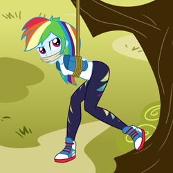 Size: 2000x2000 | Tagged: safe, artist:nie-martw-sie-o-mnie, imported from derpibooru, rainbow dash, human, equestria girls, fall weather friends, bondage, cloth gag, clothes, equestria girls-ified, gag, humanized, jacket, leggings, rope, rope bondage, suspended, suspension bondage, tree