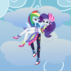 Size: 2500x2500 | Tagged: safe, artist:nie-martw-sie-o-mnie, imported from derpibooru, rainbow dash, rarity, human, equestria girls, sonic rainboom (episode), bondage, bound and gagged, bridal carry, carrying, clothes, equestria girls-ified, gag, high heels, hot pants, humanized, leggings, rope, rope bondage, shoes, tape, tape gag, wings