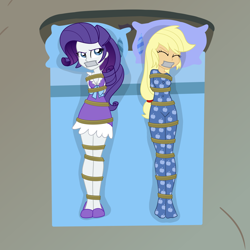 Size: 2000x2000 | Tagged: safe, artist:nie-martw-sie-o-mnie, imported from derpibooru, applejack, rarity, human, equestria girls, look before you sleep, bed, bondage, bound and gagged, breasts, cleavage, clothes, equestria girls-ified, eyes closed, gag, humanized, lying down, nightgown, on back, pajamas, pillow, rope, rope bondage, slippers, tape, tape gag