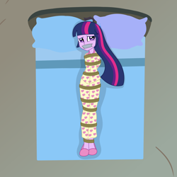 Size: 2000x2000 | Tagged: safe, artist:nie-martw-sie-o-mnie, imported from derpibooru, twilight sparkle, human, equestria girls, look before you sleep, bed, bondage, bound and gagged, clothes, equestria girls-ified, gag, humanized, lying down, on back, pajamas, pillow, rope, rope bondage, slippers, tape, tape gag