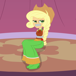 Size: 2000x2000 | Tagged: safe, artist:nie-martw-sie-o-mnie, imported from derpibooru, applejack, human, equestria girls, suited for success, bondage, bound and gagged, clothes, cowboy hat, dress, equestria girls-ified, freckles, gag, gala dress, hat, humanized, sitting, stage, tape, tape bondage, tape gag