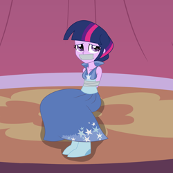 Size: 2000x2000 | Tagged: safe, artist:nie-martw-sie-o-mnie, imported from derpibooru, twilight sparkle, human, equestria girls, suited for success, bondage, bound and gagged, clothes, dress, equestria girls-ified, gag, gala dress, humanized, sitting, stage, tape, tape bondage, tape gag