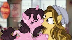 Size: 1024x576 | Tagged: safe, artist:mycandyorcoffee, imported from derpibooru, earth pony, pony, unicorn, cutie mark, duo, duo female, eyes closed, female, hat, kimberly, kissing, lesbian, ponified, power rangers, power rangers (2017), real life background, scissors, surprised, trini