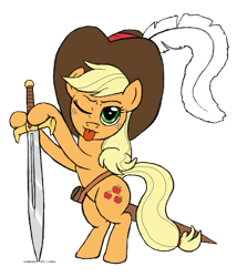 Size: 449x524 | Tagged: safe, artist:appulman, applejack, feather, ponerpics fantasy community collab 2024, simple background, sword, tongue out, transparent background, weapon