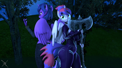 Size: 3840x2160 | Tagged: safe, artist:nightmarezoroark, imported from derpibooru, moondancer, sunset shimmer, twilight sparkle, oc, oc only, oc:midnight sparkle, oc:shimmering parkle, alicorn, anthro, 3d, axe, female, implied canon parent, implied lesbian, implied shipping, implied sunsetsparkle, implied twidancer, lesbian, shipping, siblings, sisters, source filmmaker, sunsetsparkle, sword, twidancer, weapon