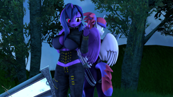 Size: 3840x2160 | Tagged: safe, artist:nightmarezoroark, imported from derpibooru, oc, oc:midnight sparkle, oc:shimmering sparkle, anthro, 3d, axe, canon parents, female, implied lesbian, implied shipping, implied sunsetsparkle, implied twidancer, siblings, sisters, source filmmaker, sword, weapon