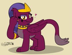 Size: 1405x1075 | Tagged: safe, artist:rupert, imported from derpibooru, sphinx (character), sphinx, cute, egyptian, egyptian headdress, female, heart, lidded eyes, pale belly, simple background, sphinxdorable, wings