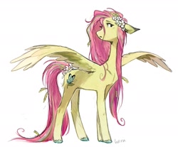 Size: 1529x1268 | Tagged: safe, artist:lutraviolet, imported from derpibooru, fluttershy, pegasus, pony, alternate design, blushing, colored hooves, colored wings, colored wingtips, female, flower, flower in hair, flower in tail, mare, messy mane, messy tail, open mouth, redesign, simple background, solo, spread wings, tail, unshorn fetlocks, white background, wings