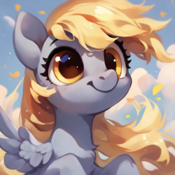 Size: 923x923 | Tagged: safe, imported from derpibooru, derpy hooves, pegasus, pony, ai assisted, ai content, ai generated, beautiful, big eyes, cute, fluffy, funny face, generator:purplesmart.ai, generator:stable diffusion, leaf, long hair, long mane, looking at you, prompter:saltyvity, sky, smiley face, smiling, smiling at you, solo, yellow eyes, yellow mane