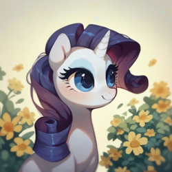 Size: 922x922 | Tagged: safe, imported from derpibooru, rarity, pony, unicorn, ai assisted, ai content, ai generated, big eyes, blue eyes, blushing, cute, eyeshadow, flower, generator:purplesmart.ai, generator:stable diffusion, leaf, makeup, prompter:saltyvity, purple hair, simple background, smiley face, smiling, solo