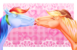 Size: 3036x1961 | Tagged: safe, artist:sweetpea-and-friends, imported from derpibooru, applejack, rainbow dash, earth pony, horse, pegasus, appledash, eyes closed, female, french kiss, kiss on the lips, kissing, lesbian, mare, shipping, tongue out