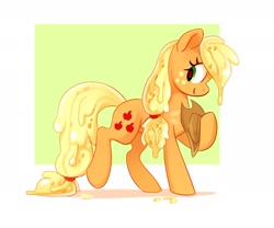 Size: 2048x1707 | Tagged: safe, artist:anotherdeadrat, imported from derpibooru, applejack, earth pony, food pony, original species, pony, abstract background, applejack's hat, cowboy hat, food, hat, jam, passepartout, ponified, pun, smiling, solo