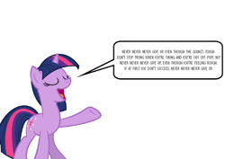 Size: 1588x1123 | Tagged: safe, imported from derpibooru, twilight sparkle, unicorn, motivational, positive ponies, simple background, singing, song reference, speech bubble, thomas and friends, unicorn twilight, white background