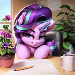 Size: 2048x2048 | Tagged: safe, imported from derpibooru, starlight glimmer, pony, unicorn, ai content, ai generated, chair, chest fluff, chocolate, desk, devious, devious smile, drink, ear fluff, empathy cocoa, female, flower, flower pot, food, generator:pony diffusion v6 xl, generator:stable diffusion, glowing, glowing horn, high res, hooves on the table, horn, hot chocolate, indoors, lidded eyes, looking at you, magic, magic aura, mare, mug, office chair, paper, pencil, plant, potted plant, prompter:tyto4tme4l, smiling, smiling at you, solo, window