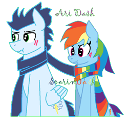 Size: 412x402 | Tagged: safe, artist:trendari, imported from derpibooru, rainbow dash, soarin', pegasus, pony, clothes, female, male, mare, scarf, shipping, simple background, soarindash, stallion, straight, transparent background