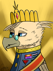 Size: 1248x1680 | Tagged: safe, artist:carolus rex, imported from derpibooru, oc, oc:grover vi, griffon, equestria at war mod, blue eyes, clothes, crown, equestria rises still (equestria at war submod), glasses, griffon oc, jewelry, medal, regalia