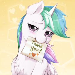 Size: 1000x1000 | Tagged: safe, artist:evomanaphy, edit, editor:maonyman, imported from twibooru, princess celestia, alicorn, pony, chest fluff, ear fluff, female, folded wings, gradient background, image, looking at you, mare, mouth hold, note, png, simple background, solo, text, thank you, unauthorized edit, wings, yellow background