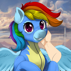 Size: 2000x2000 | Tagged: safe, artist:evomanaphy, edit, editor:maonyman, editor:v3ga, imported from twibooru, rainbow dash, pegasus, pony, clothes, cloud, disembodied hand, female, hand, hand on cheek, image, looking at you, mare, png, smiling, spread wings, unauthorized edit, uniform, wings, wonderbolts uniform