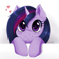 Size: 2000x2000 | Tagged: safe, artist:evomanaphy, edit, editor:maonyman, imported from twibooru, twilight sparkle, pony, unicorn, alternate hairstyle, ear fluff, female, freckles, heart, image, mare, png, smiling, solo, unauthorized edit