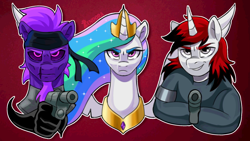 Size: 1920x1080 | Tagged: safe, artist:zendora, imported from twibooru, princess celestia, oc, oc:nocturne comet, oc:nova abaddon "apollyon", alicorn, earth pony, pony, unicorn, angry, beard, bust, clothes, dark magic, earth pony oc, facial hair, facial scar, female, frown, gun, headband, hoof hold, horn, image, looking at you, magic, male, mare, meme, png, purple sclera, smug, spread wings, stallion, unamused, unicorn oc, weapon, wings