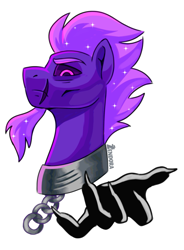 Size: 1471x2000 | Tagged: safe, artist:zendora, imported from twibooru, oc, oc only, oc:nocturne comet, earth pony, pony, beard, bust, chains, collar, dark magic, earth pony oc, ethereal mane, eyebrows, facial hair, facial scar, hand, image, looking at you, magic, male, png, profile, purple sclera, simple background, solo, stallion, starry mane, white background