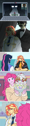 Size: 1280x5281 | Tagged: safe, artist:lzjian79, imported from derpibooru, discord, pinkie pie, sci-twi, sunset shimmer, twilight sparkle, oc, oc:butler yellow, human, comic:the setting of two suns, equestria girls, banana split, butler, canterlot city, city, clothes, coat, computer, curtains, duo, empty eyes, everton, female, food, glasses, human discord, human sunset, ice cream, laptop computer, looking at you, male, necktie, sad, serious, serious face, smiling, smiling at you, sprinkles, sundae, sunlit shimmer, sweet snacks cafe, video call, webcam, whipped cream