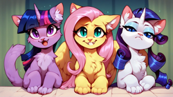 Size: 1600x904 | Tagged: safe, imported from derpibooru, fluttershy, rarity, twilight sparkle, cat, ai content, ai generated, catified, cute, fangs, fluffy, generator:pony diffusion v6 xl, generator:stable diffusion, prompter:doom9454, species swap, trio