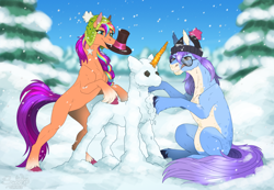 Size: 1600x1104 | Tagged: safe, artist:sunny way, imported from derpibooru, sunny starscout, pony, art, artwork, carrot, commission, digital art, duo, female, feral, finished commission, food, g5, happy, hat, male, mare, snow, snowpony, stallion, winter