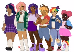 Size: 2610x1831 | Tagged: safe, artist:abslghost, imported from derpibooru, applejack, fluttershy, pinkie pie, rainbow dash, rarity, twilight sparkle, human, belt, boots, clothes, cowboy boots, cowboy hat, denim, hat, high heel boots, hoodie, humanized, jacket, jeans, mane six, pants, shirt, shoes, skirt, socks, vest