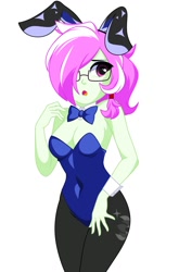 Size: 794x1200 | Tagged: safe, artist:rosemile mulberry, imported from derpibooru, oc, oc:rosemile mulberry, human, equestria girls, bunny ears, bunny suit, clothes, glasses, legs together, socks, stockings, thigh highs