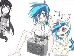 Size: 1440x1080 | Tagged: safe, artist:gamagama6gamagama6, imported from derpibooru, dj pon-3, octavia melody, vinyl scratch, earth pony, human, pony, unicorn, barefoot, feet, female, headphones, headphones around neck, holding a pony, human ponidox, humanized, mare, missing accessory, mouth hold, no glasses, screwdriver, self paradox, self ponidox, simple background, white background