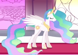 Size: 1511x1080 | Tagged: safe, imported from derpibooru, princess celestia, alicorn, pony, the crystal empire, canterlot castle, crown, ethereal mane, ethereal tail, eyes closed, female, gradient mane, gradient tail, hoof shoes, jewelry, mare, partially open wings, peytral, princess shoes, regalia, solo, sparkly mane, sparkly tail, standing, tail, wings