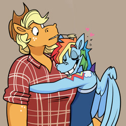 Size: 873x871 | Tagged: safe, artist:beastofeuthanasia, imported from derpibooru, applejack, rainbow dash, anthro, alternative cutie mark placement, appledash, brown background, drunk, drunker dash, female, flannel shirt, freckles, grin, hug, lesbian, shipping, simple background, smiling, straw in mouth