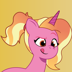 Size: 900x900 | Tagged: safe, artist:prixy05, imported from derpibooru, luster dawn, pony, unicorn, :p, bust, female, g4 to g5, g5, generation leap, mare, my little pony: tell your tale, orange background, portrait, simple background, solo, tongue out