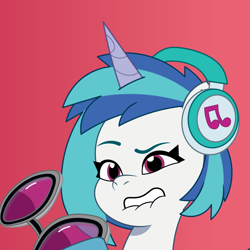 Size: 900x900 | Tagged: safe, artist:prixy05, imported from derpibooru, dj pon-3, vinyl scratch, pony, unicorn, bust, g4 to g5, g5, generation leap, glasses off, headphones, lip bite, my little pony: tell your tale, portrait, red background, simple background, solo, sunglasses