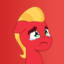 Size: 900x900 | Tagged: safe, artist:prixy05, imported from derpibooru, sprout cloverleaf, pony, bust, crying, g5, male, my little pony: tell your tale, portrait, red background, sad, simple background, solo, stallion, teary eyes