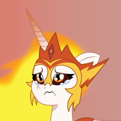 Size: 900x900 | Tagged: safe, artist:prixy05, imported from derpibooru, daybreaker, alicorn, pony, bust, crying, female, g4 to g5, g5, generation leap, mane of fire, mare, my little pony: tell your tale, portrait, red background, sad, simple background, solo