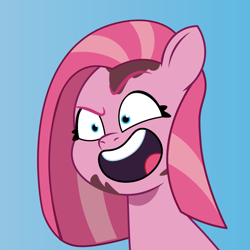 Size: 900x900 | Tagged: safe, artist:prixy05, imported from derpibooru, pinkie pie, earth pony, pony, blue background, bust, eyebrows, female, g4 to g5, g5, generation leap, mare, my little pony: tell your tale, open mouth, open smile, pinkamena diane pie, portrait, raised eyebrow, simple background, smiling, solo, teeth