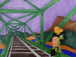 Size: 3740x2818 | Tagged: safe, artist:dhm, imported from derpibooru, oc, oc:filly anon, pony, backpack, beanie, bridge, buttons, cigarette, evening, female, filly, hat, marker drawing, mountain, pen drawing, railroad, river, sad, shore, sitting, smoking, solo, traditional art, water