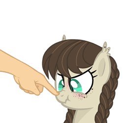 Size: 1050x1050 | Tagged: safe, artist:r4hucksake, imported from derpibooru, oc, oc only, oc:cookie cream, bat pony, pony, blushing, boop, braid, freckles, hand, simple background, solo, transparent background