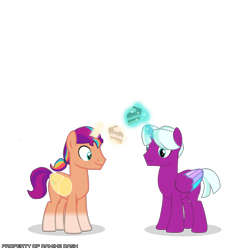 Size: 3600x3600 | Tagged: safe, artist:ramixe dash, imported from derpibooru, opaline arcana, sunny starscout, alicorn, series:make your tale, cake, food, g5, g5 to g4, generation leap, glowing, glowing horn, horn, male, rule 63, simple background, stallion, sun starchaser, transparent background, zane arcana
