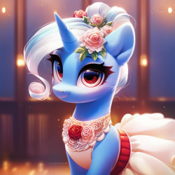 Size: 1024x1024 | Tagged: safe, imported from derpibooru, trixie, pony, unicorn, ai content, ai generated, clothes, dress, flower, flower in hair, generator:purplesmart.ai, generator:stable diffusion, looking at you, prompter:maresforever, smiling, solo