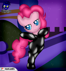 Size: 3840x4154 | Tagged: safe, artist:damlanil, imported from derpibooru, pinkie pie, earth pony, pony, bipedal, bodysuit, bush, catsuit, clothes, female, horn, latex, latex suit, mare, pose, raised hoof, rubber, shiny, show accurate, solo, spy, spy suit, standing, standing on one leg, suit, vector