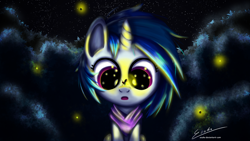 Size: 1280x720 | Tagged: safe, artist:esuka, imported from derpibooru, dj pon-3, vinyl scratch, alicorn, firefly (insect), insect, pony, ask-canterlot-musicians, night, solo